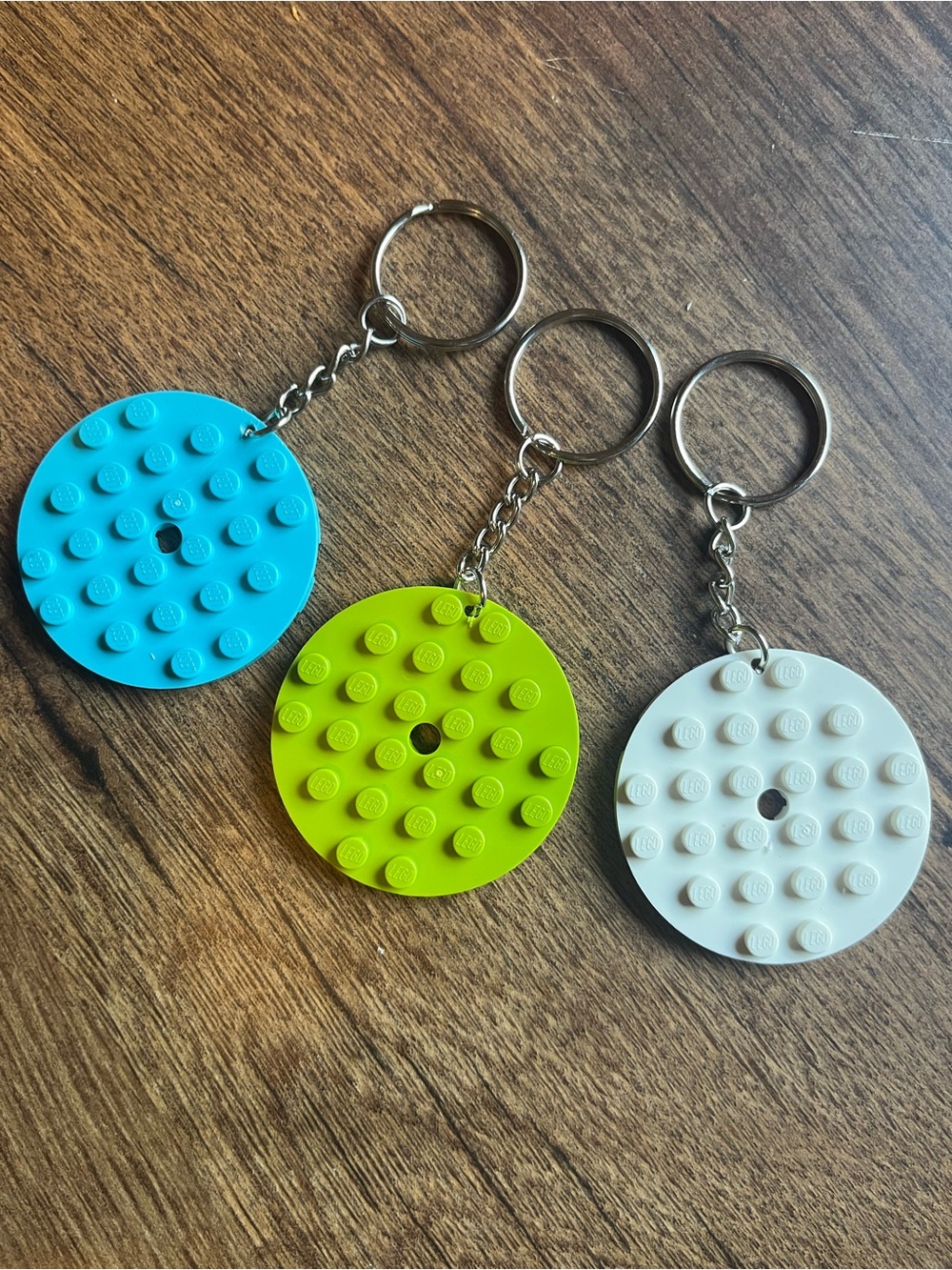 Lego Blue, Lime Green & White Round Stud Keychain Set